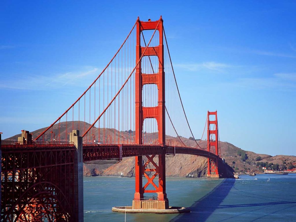 The Golden Gate Bridge on a sunny day.
