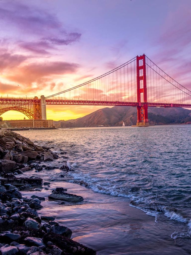 Golden Gate Bridge at sunset.