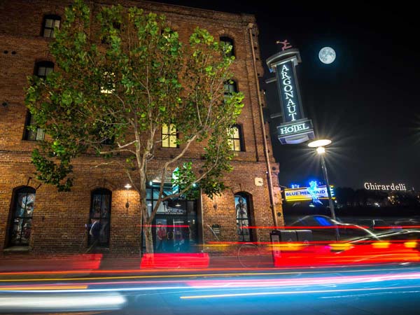 Argonaut hotel exterior at night