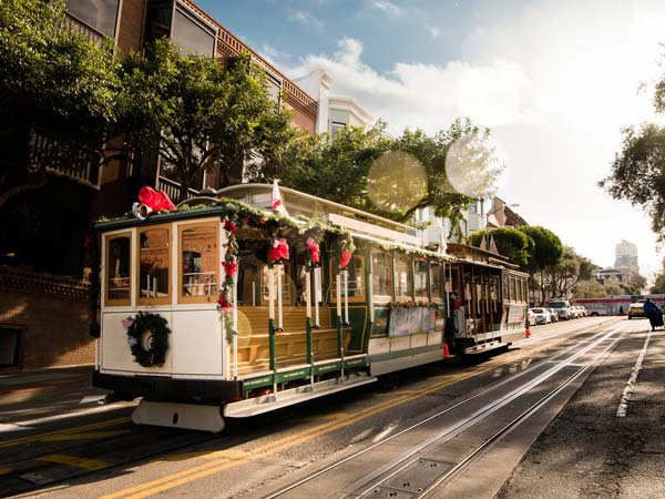 San Francisco Trolley Decorated For The Holidays.