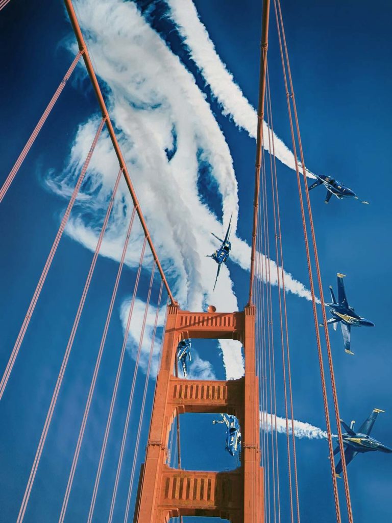 The Blue Angels Flying Over The Golden Gate Bridge.